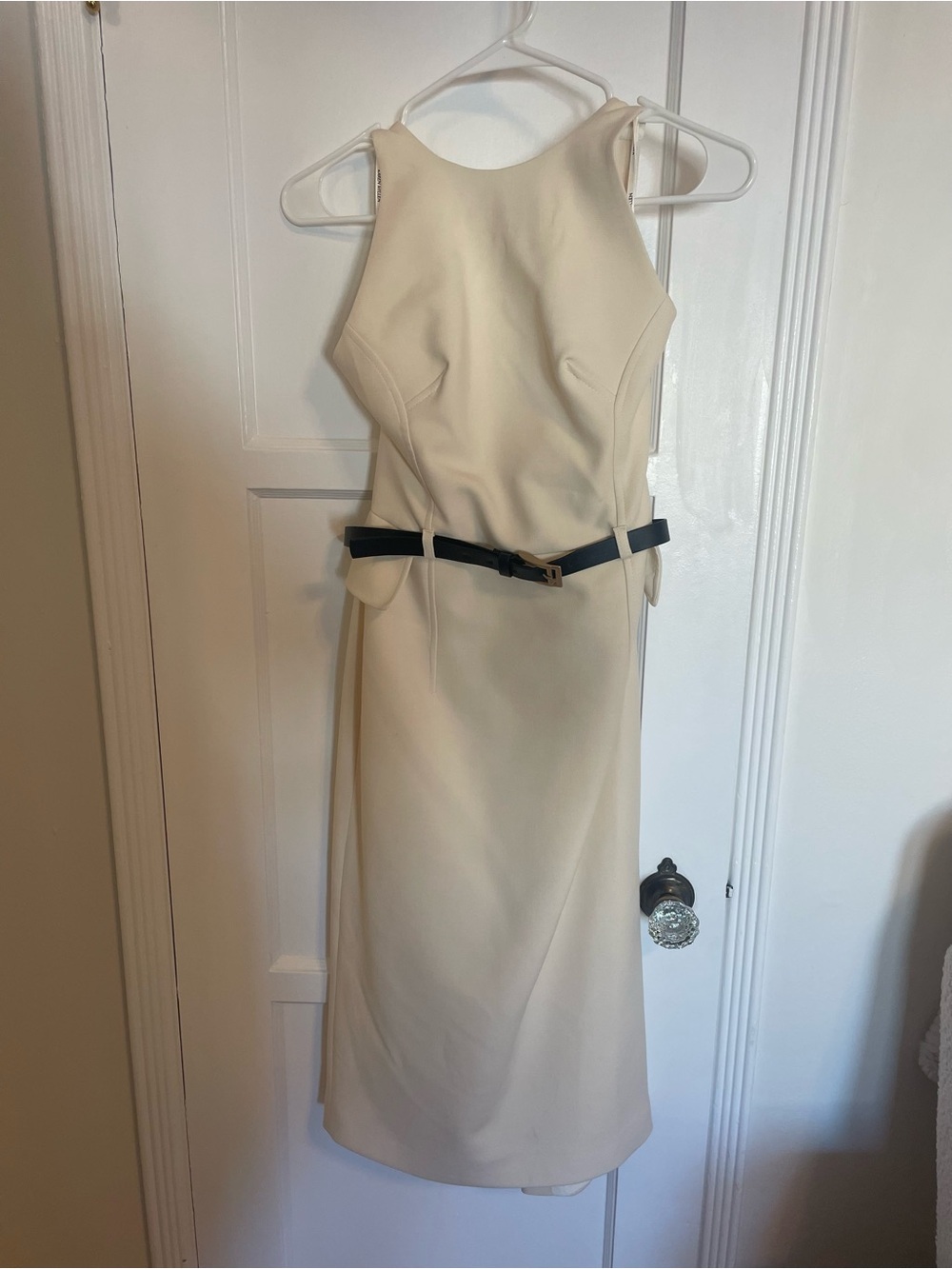 Karen Millen Elegant Cream Halter Sheath Dress with Belt